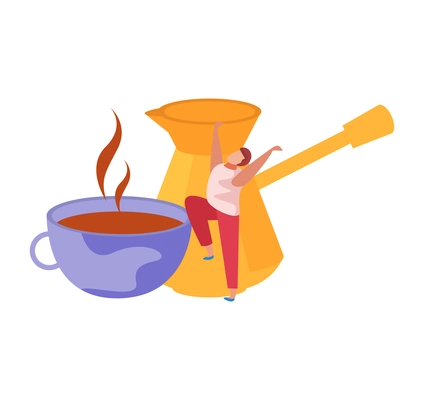 People with breakfast flat composition with character of stretching man and coffee cup with brewing pot vector illustration