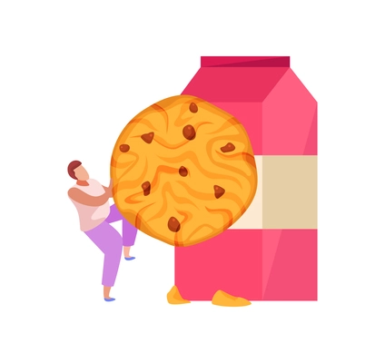 People with breakfast flat composition with human character holding cookie with milk pack icon vector illustration