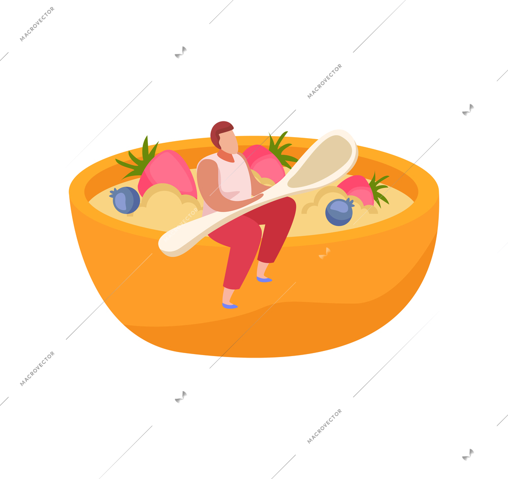 People with breakfast flat composition with isolated icons of plate filled with porridge with human character vector illustration