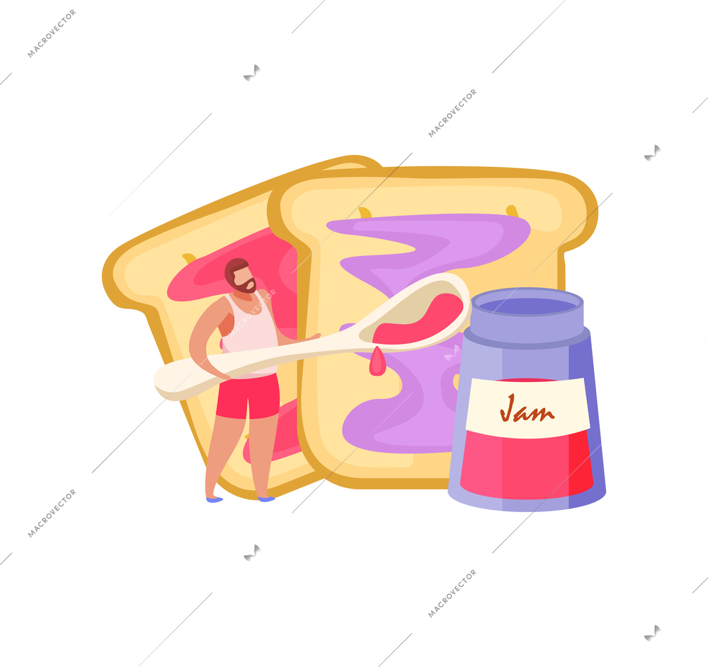 People with breakfast flat composition with character of barbed man with spoon spreading jam on bread vector illustration