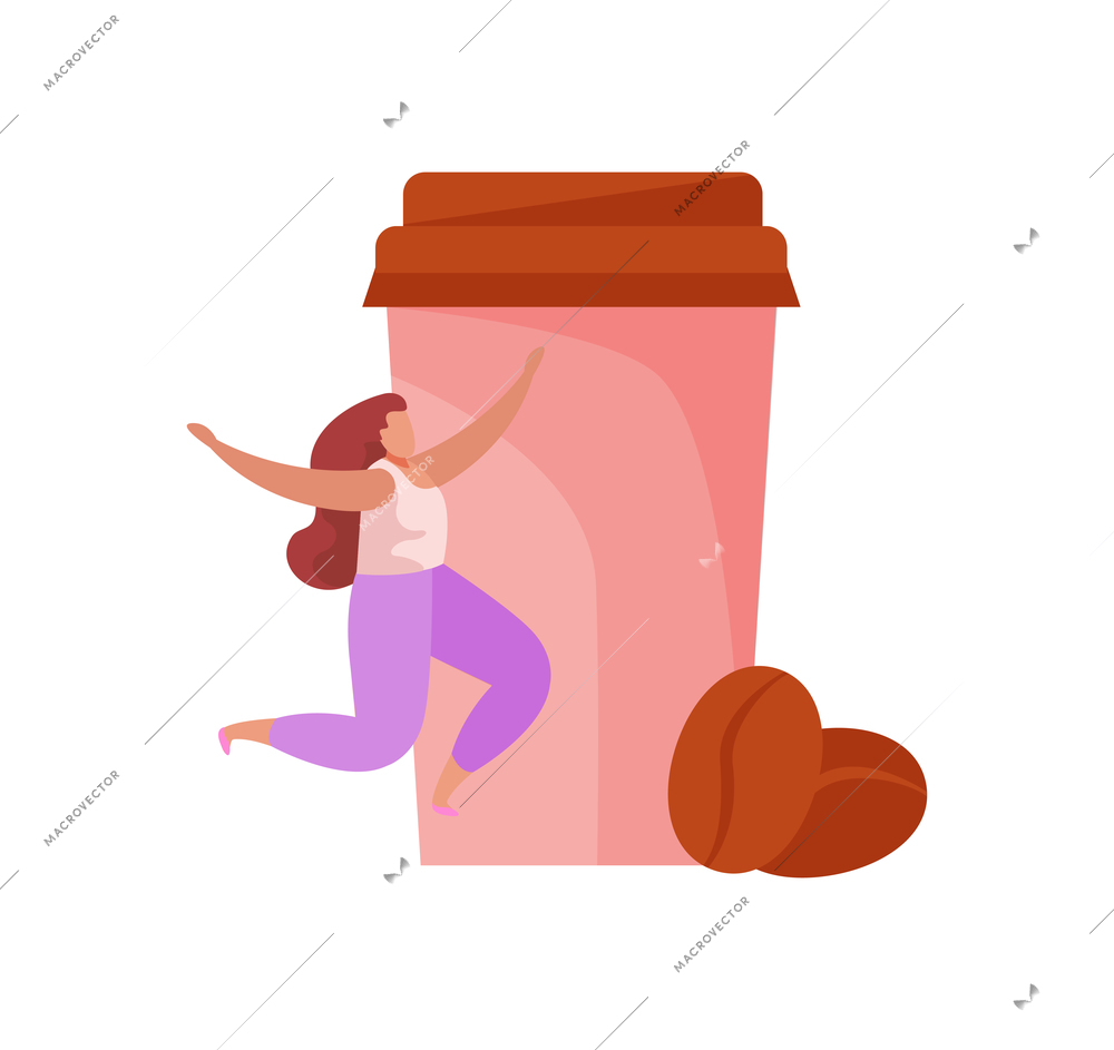 People with breakfast flat composition with icons of coffee beans with takeaway cup and jumping woman vector illustration