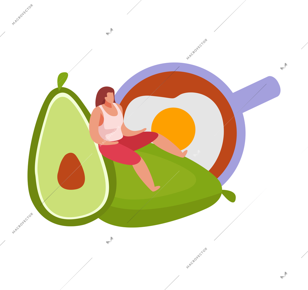 People with breakfast flat composition with icons of avocado fruit with female character and fried eggs vector illustration