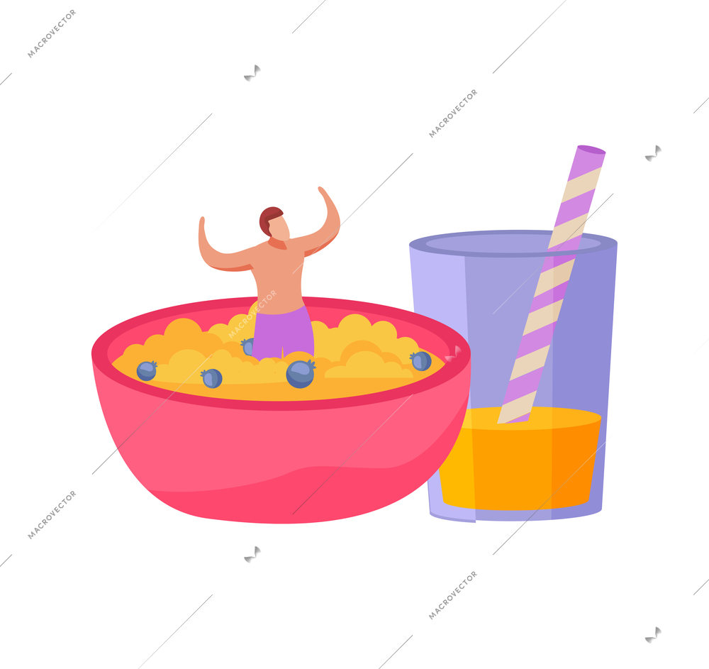 People with breakfast flat composition with male character floating in dish with porridge and juice glass vector illustration