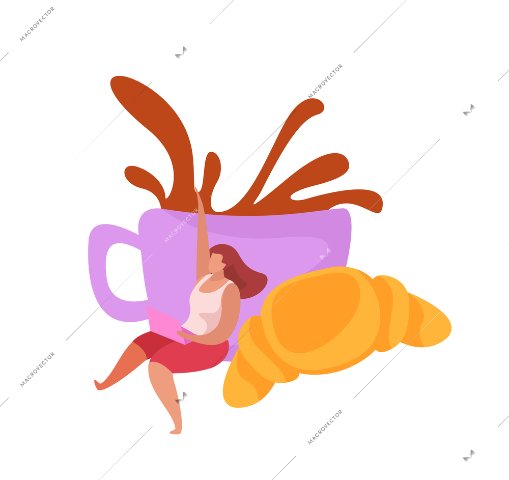 People with breakfast flat composition with female character with laptop croissant and coffee cup with splash vector illustration