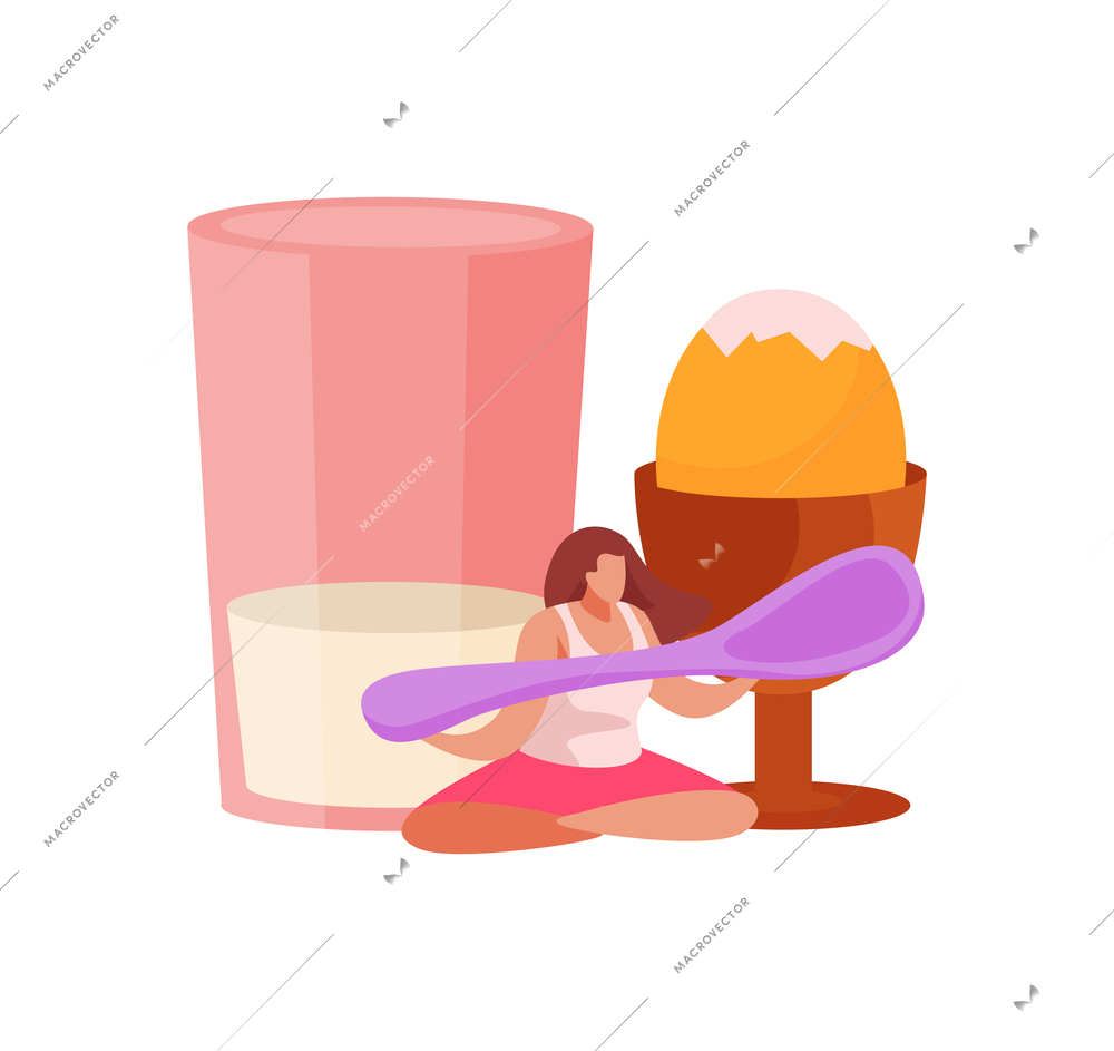 People with breakfast flat composition with icons of glass and egg in cup with girl holding spoon vector illustration