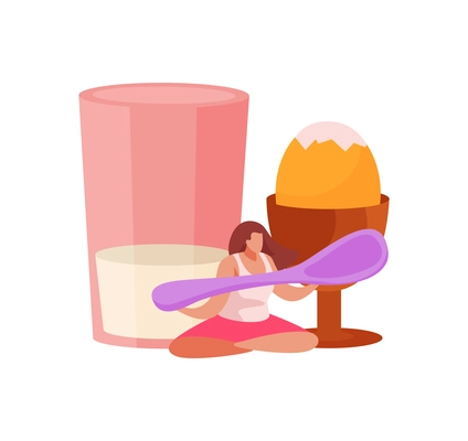 People with breakfast flat composition with icons of glass and egg in cup with girl holding spoon vector illustration