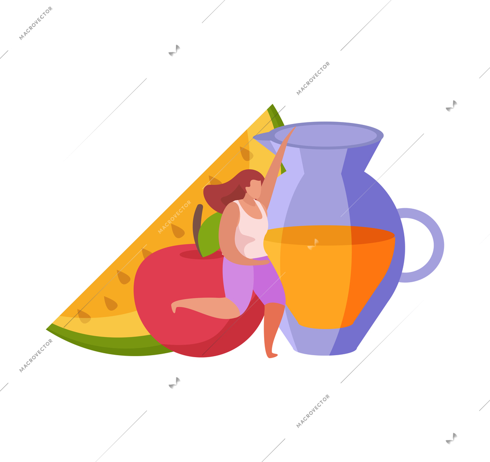 People with breakfast composition with flat icons of fruits with juice in jar and running woman vector illustration
