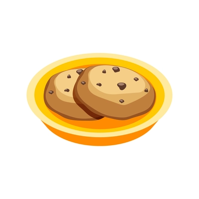 Hygge lifestyle isometric composition with icons of sweet chocolate cookies on orange plate vector illustration