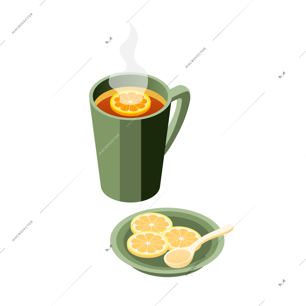 Hygge lifestyle isometric composition with isolated icons of plate with lemon slices and tea cup vector illustration