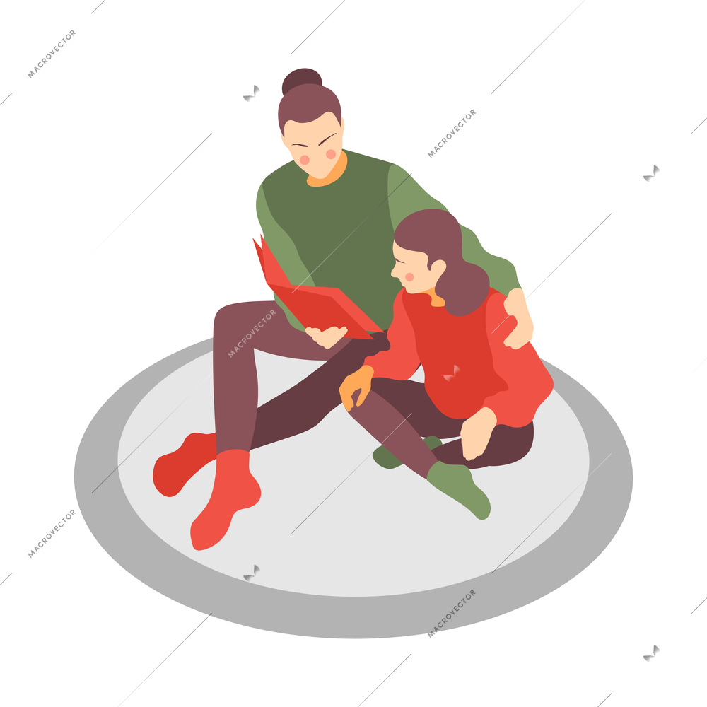 Hygge lifestyle isometric composition with human characters of girl and woman reading out book vector illustration