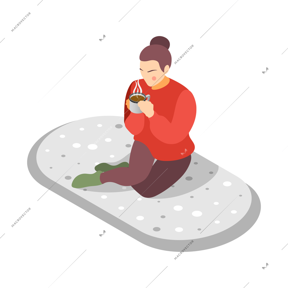 Hygge lifestyle isometric composition with woman sitting on soft carpet drinking hot coffee vector illustration