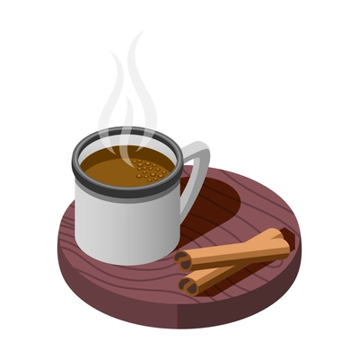 Hygge lifestyle isometric composition with isolated icons of hot drink cup and sticks of cinnamon bark vector illustration