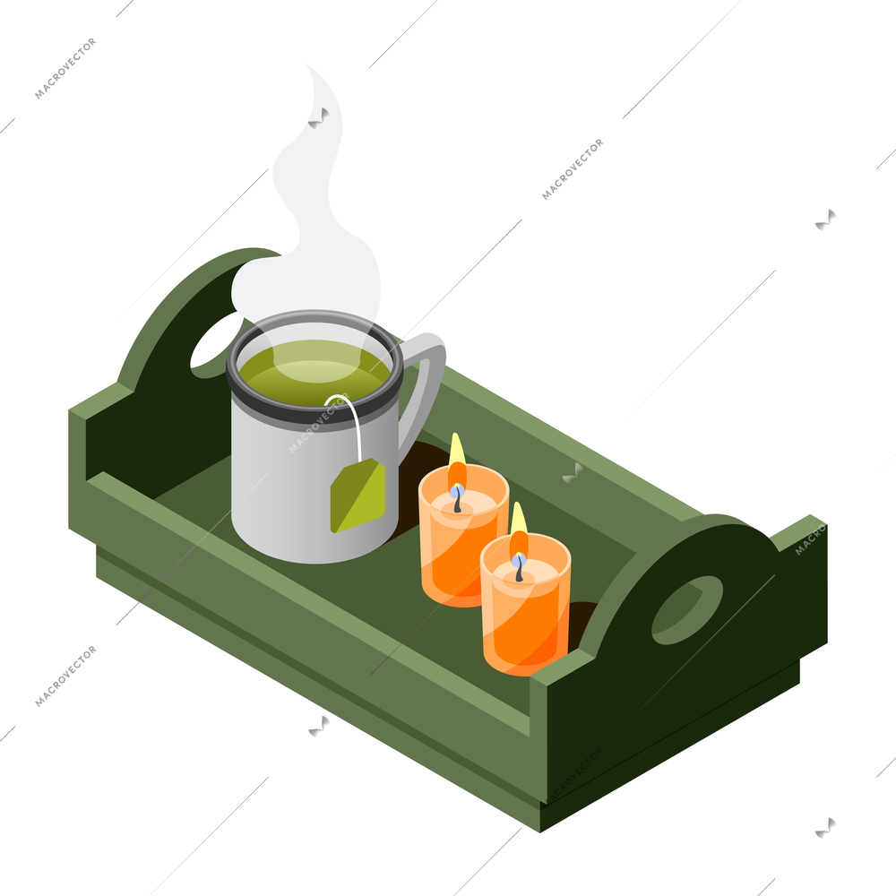 Hygge lifestyle isometric composition with icons of candles and cup of green tea on plate vector illustration