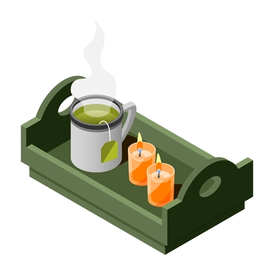 Hygge lifestyle isometric composition with icons of candles and cup of green tea on plate vector illustration