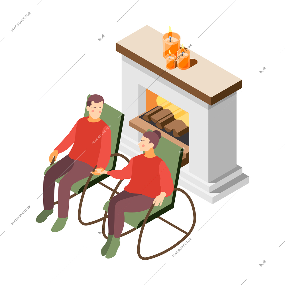 Hygge lifestyle isometric composition with human couple sitting by the fire place in chairs vector illustration