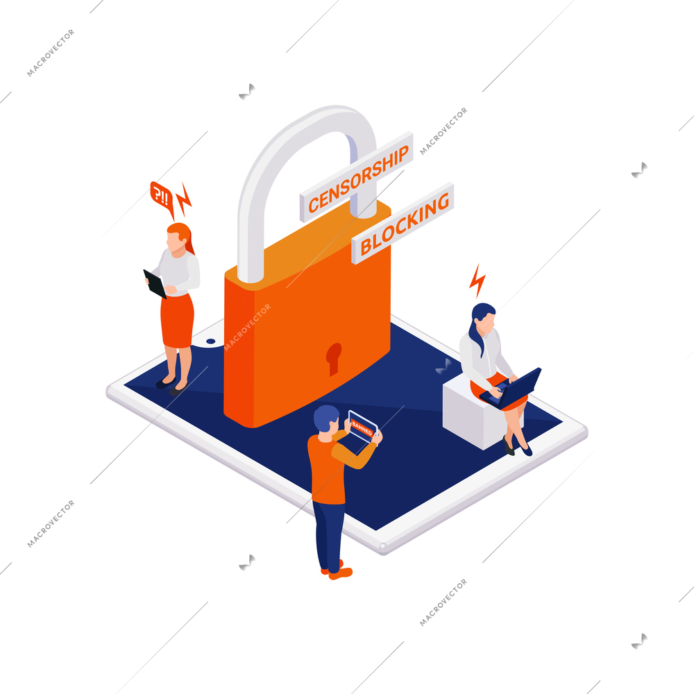 Internet censorship blocking isometric composition with human characters of gadget users with tablet and lock icon vector illustration