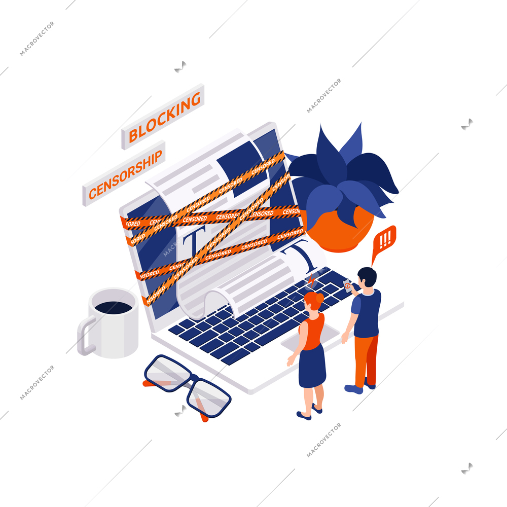 Internet censorship blocking isometric composition with icons of workplace elements with laptop and people vector illustration