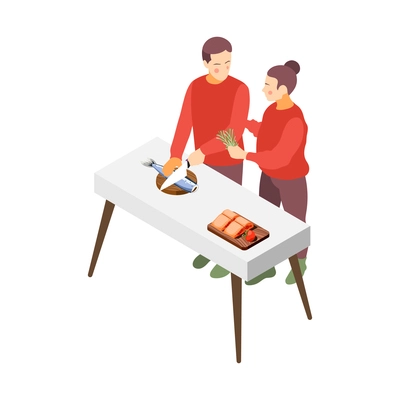 Hygge lifestyle isometric composition with icons of kitchen table with couple preparing fish meal vector illustration