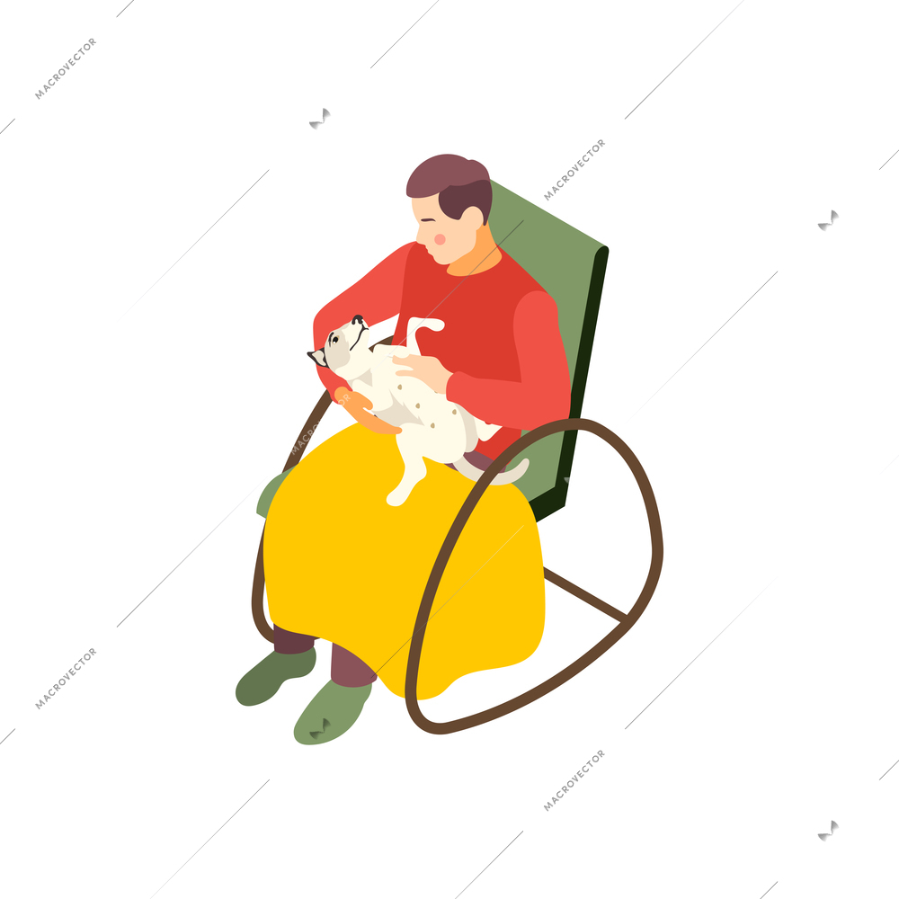 Hygge lifestyle isometric composition with view of man sitting on rocking chair with dog vector illustration