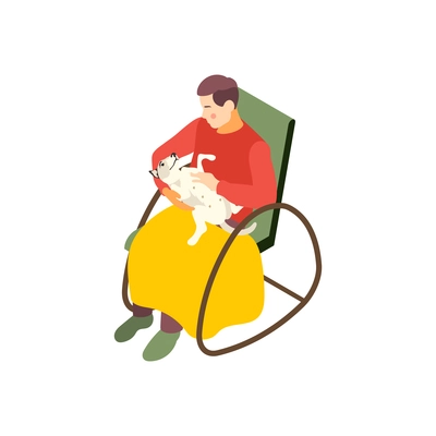 Hygge lifestyle isometric composition with view of man sitting on rocking chair with dog vector illustration