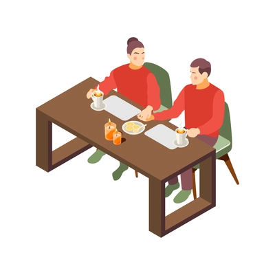 Hygge lifestyle isometric composition with adult couple sitting at table drinking hot drinks with candles vector illustration