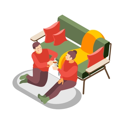 Hygge lifestyle isometric composition with characters of relaxing couple with hot drink and soft furniture vector illustration