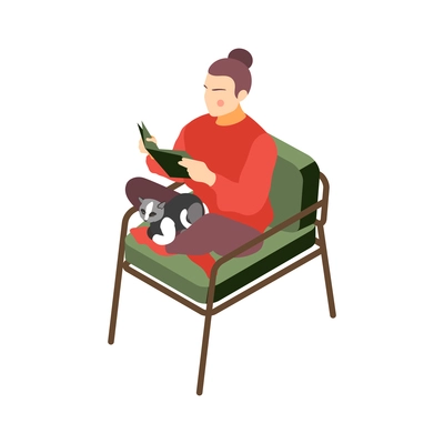 Hygge lifestyle isometric composition with human character of reading girl with cat sitting on chair vector illustration