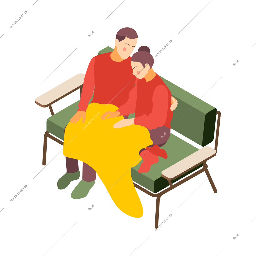 Hygge lifestyle isometric composition with faceless characters of embracing couple sitting on sofa vector illustration