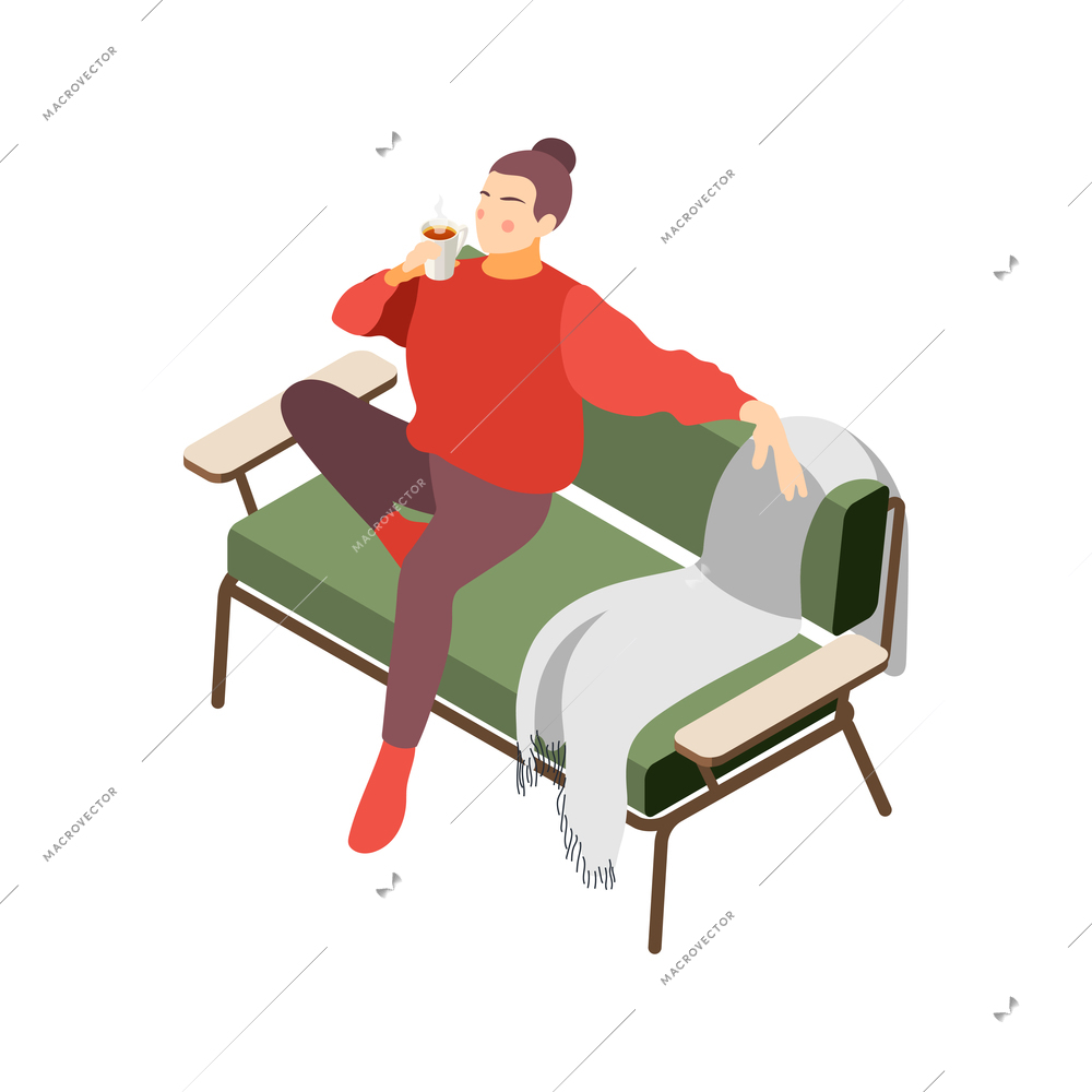 Hygge lifestyle isometric composition with character of relaxing girl sitting on soft couch with hot drink vector illustration