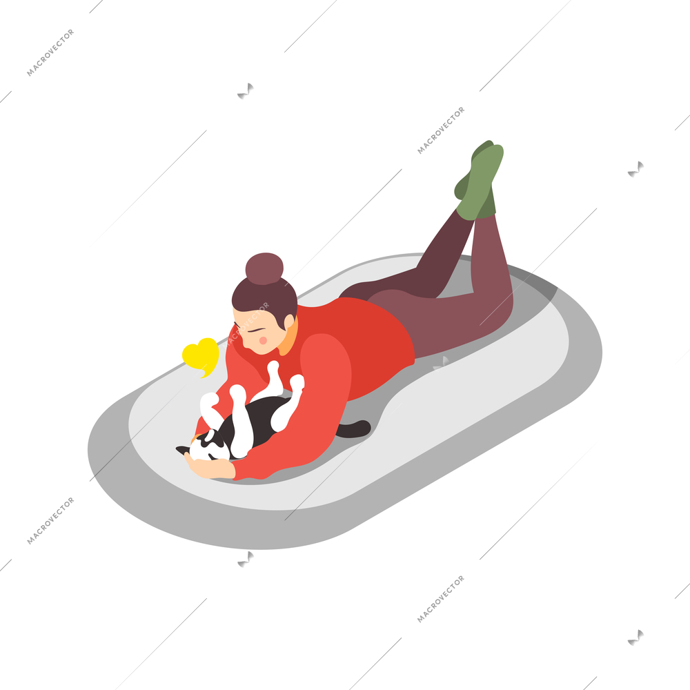 Hygge lifestyle isometric composition with lying female character fussing cat with heart icon vector illustration