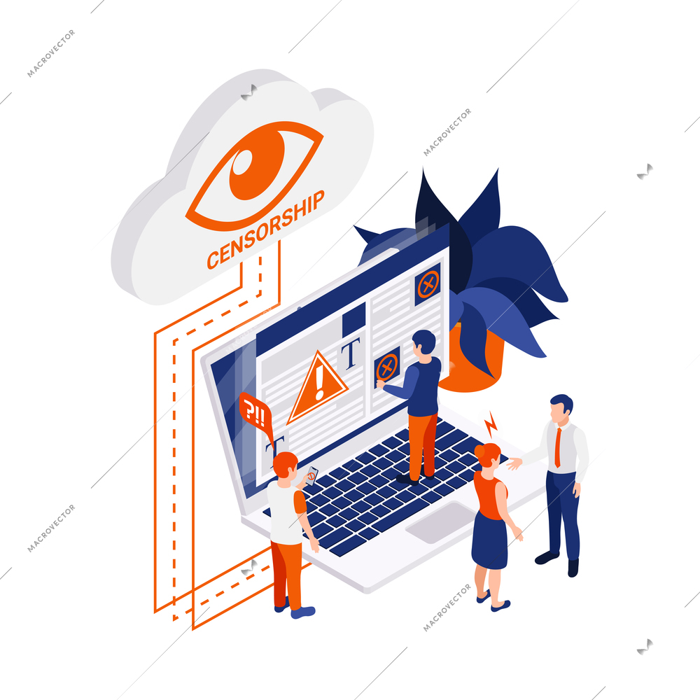Internet censorship blocking isometric composition with laptop computer connected to cloud with eye icon vector illustration