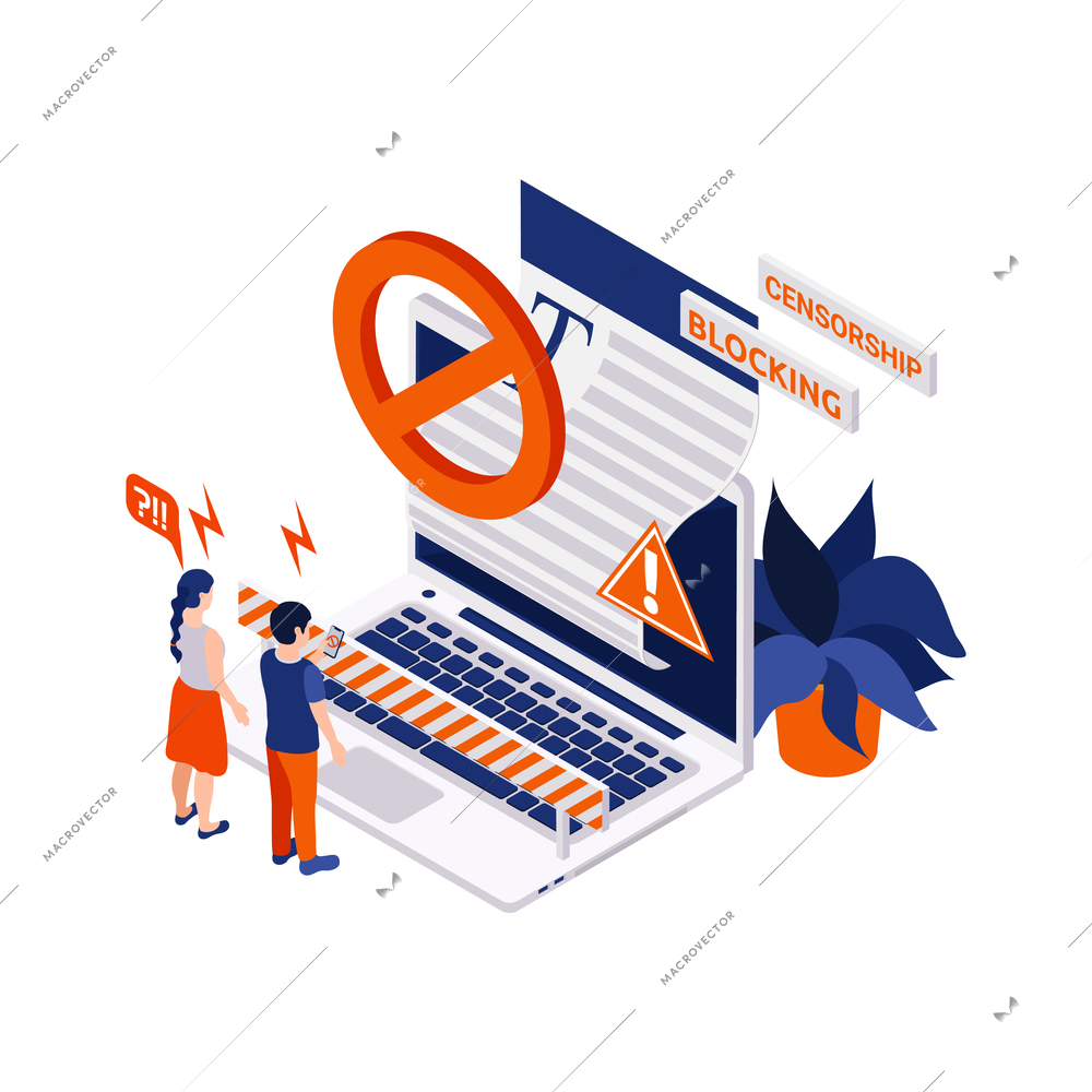 Internet censorship blocking isometric composition with icons of laptop with cordon barriers stop signs and people vector illustration