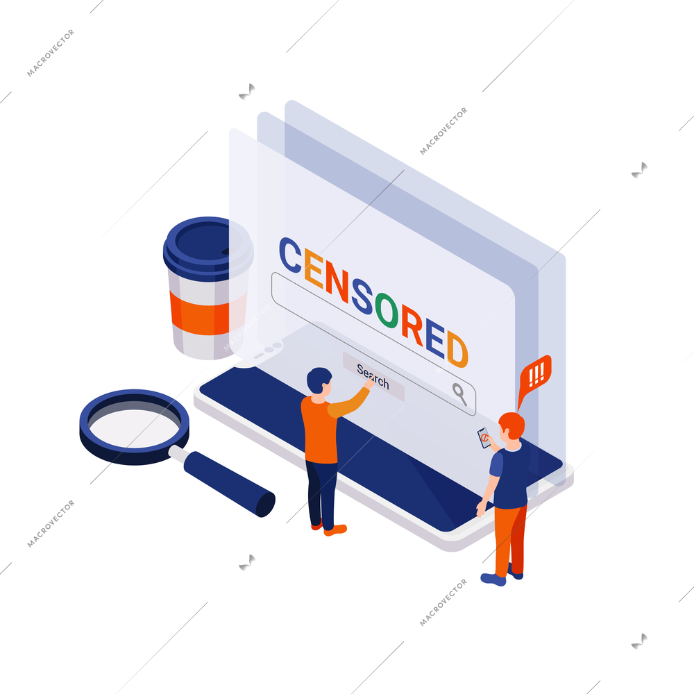 Internet censorship blocking isometric composition with web search page smartphone and small human characters vector illustration