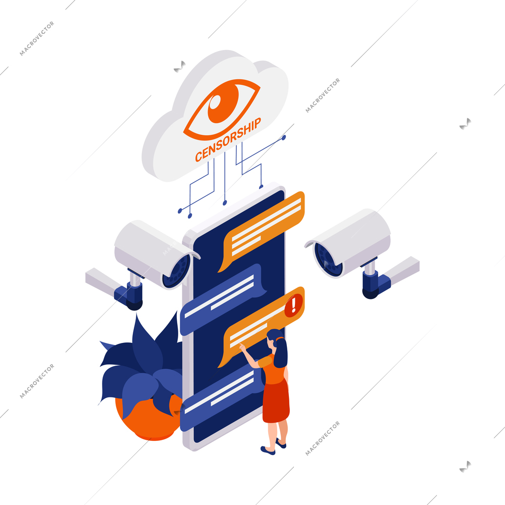 Internet censorship blocking isometric composition with icons of surveillance cameras and smartphone with messaging bubbles vector illustration