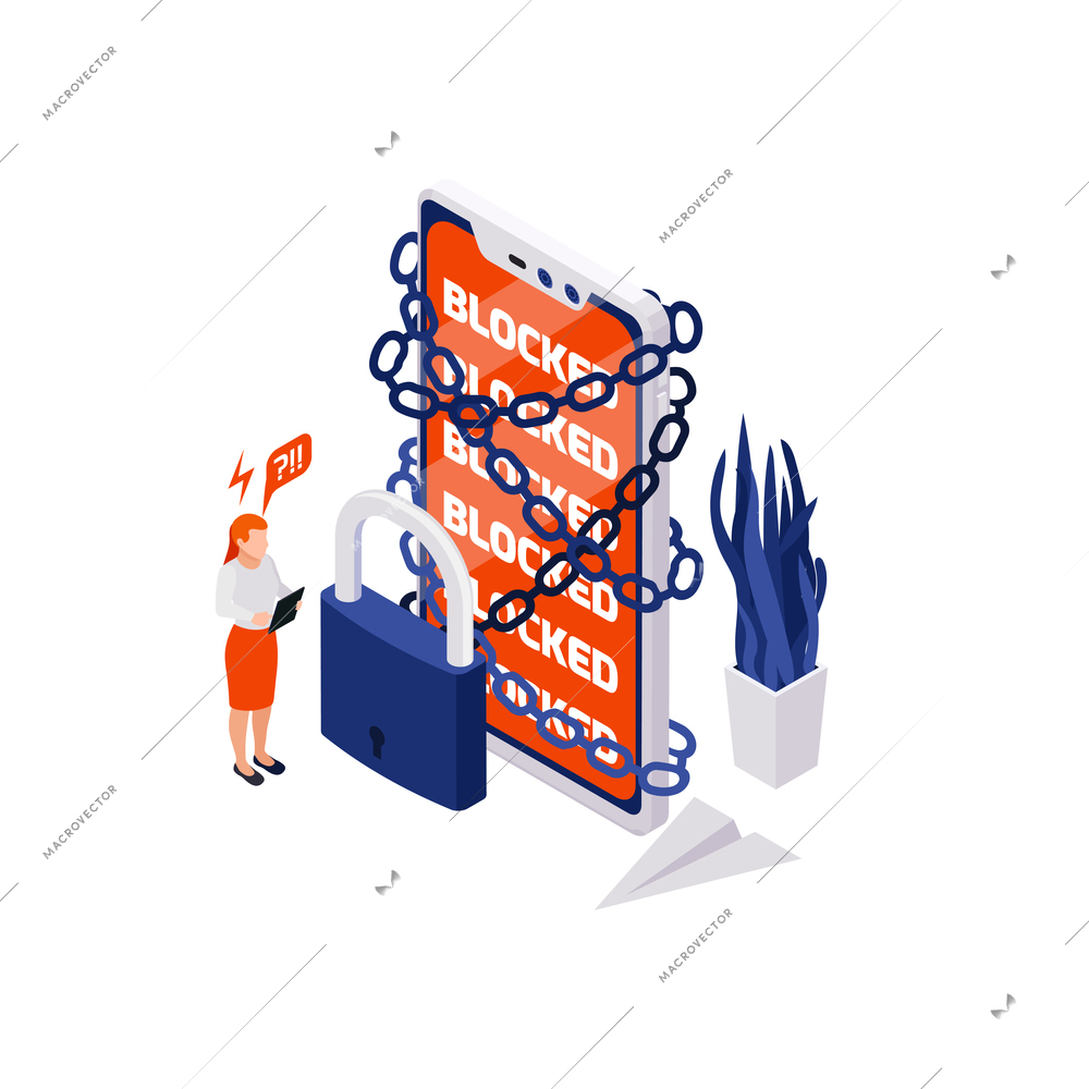 Internet censorship blocking isometric composition with icons of lock smartphone in chains and female user character vector illustration