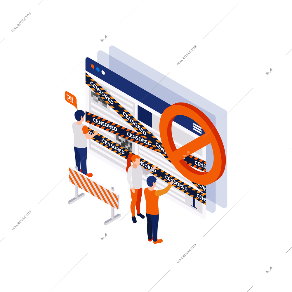 Internet censorship blocking isometric composition with people looking at computer windows with cordon lines vector illustration