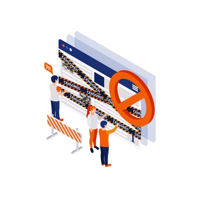 Internet censorship blocking isometric composition with people looking at computer windows with cordon lines vector illustration