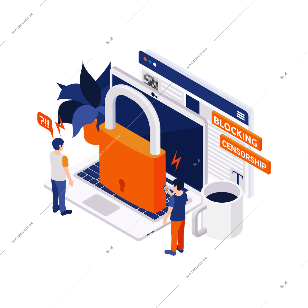 Internet censorship blocking isometric composition with icons of lock on laptop with small human characters vector illustration