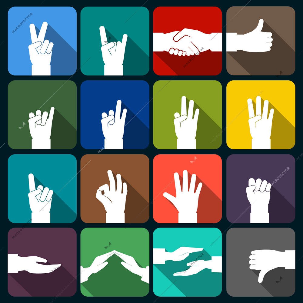 Human hands expressions signs signals and gestures icons set flat isolated vector illustration