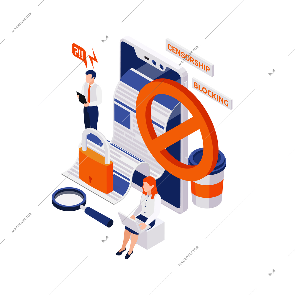 Internet censorship blocking isometric composition with human characters and gadgets with news feed and stop icon vector illustration