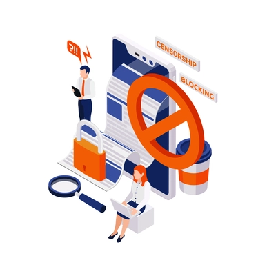 Internet censorship blocking isometric composition with human characters and gadgets with news feed and stop icon vector illustration