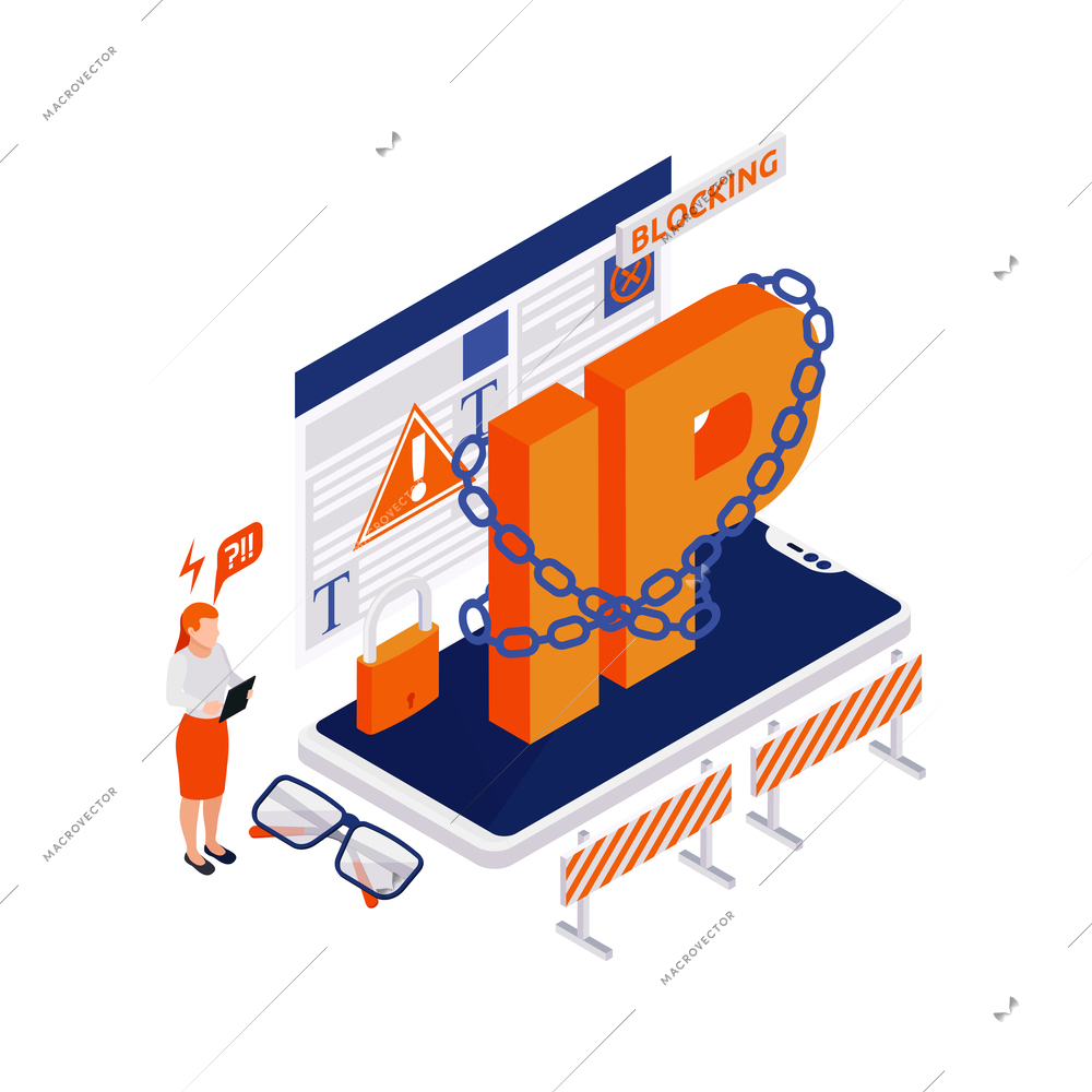 Internet censorship blocking isometric composition with ip blocking text with chains and smartphone icons vector illustration