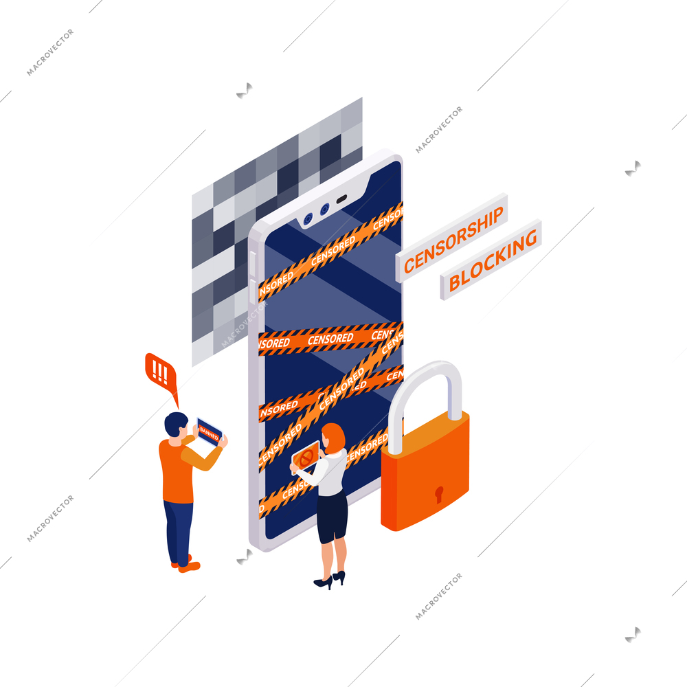 Internet censorship blocking isometric composition with smartphone covered in cordon lines with lock icon and people vector illustration