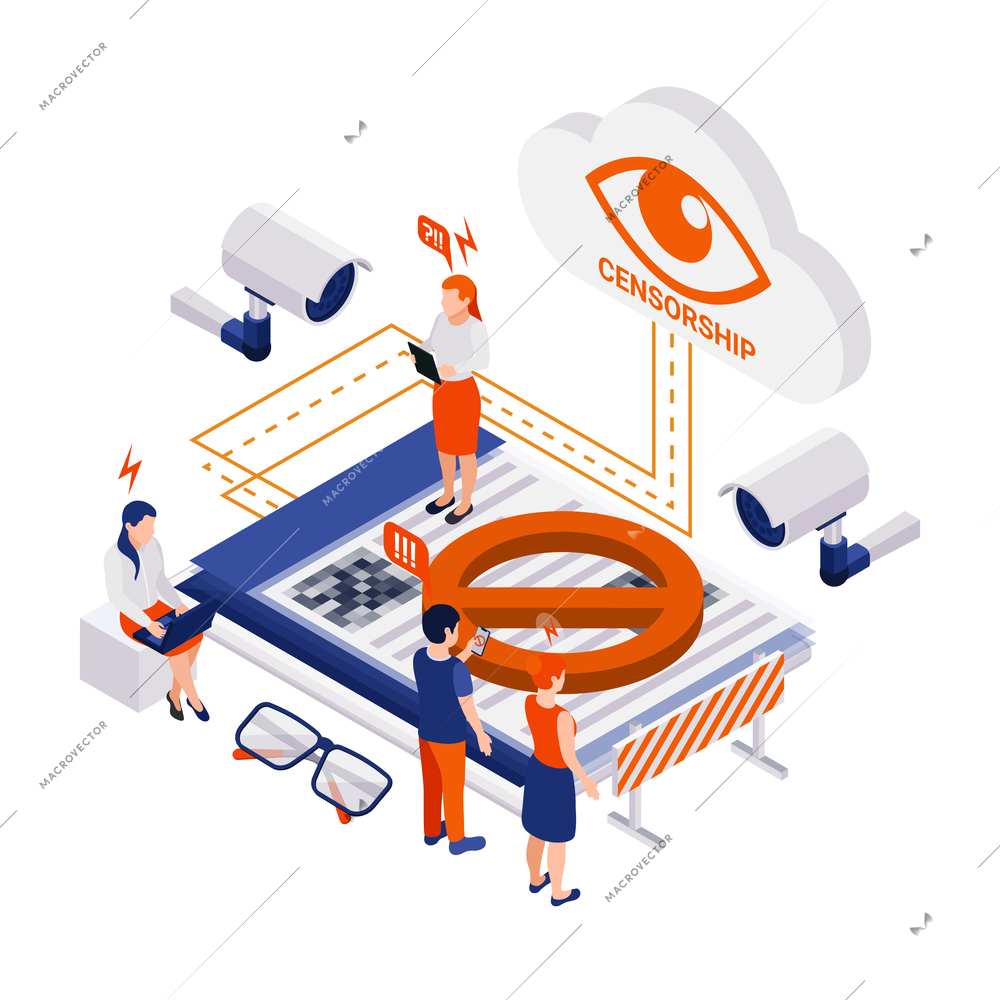 Internet censorship blocking isometric composition with pictogram icons surveillance cameras people and cloud with eye sign vector illustration