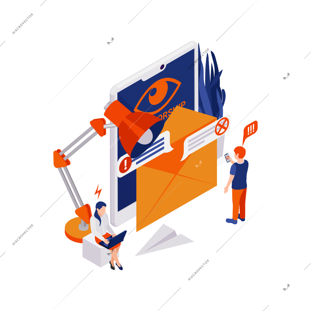 Internet censorship blocking isometric composition with icons of tablet with envelope with warning and prohibition signs vector illustration