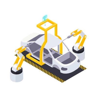 Electric vehicle production isometric composition with arm manipulators and conveyor line with car body vector illustration