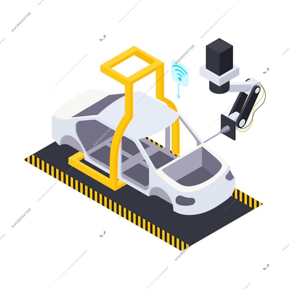 Electric vehicle production isometric composition with car body on industrial line with arm manipulator vector illustration