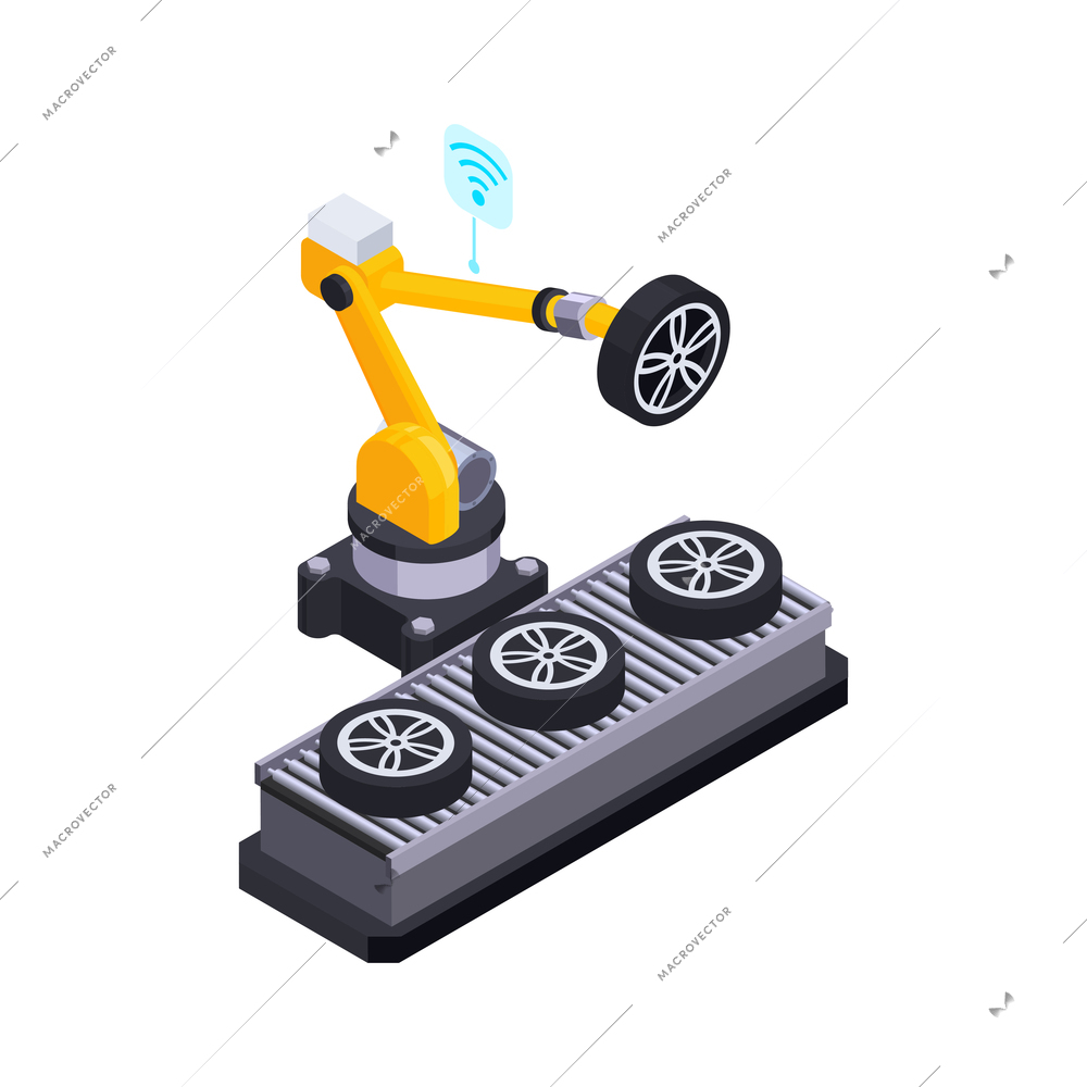 Electric vehicle production isometric composition with wireless arm manipulator assembling car tires and wheels vector illustration