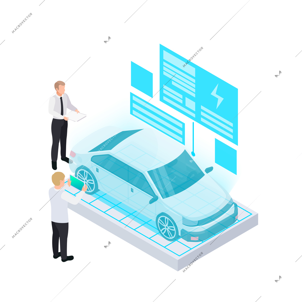 Electric vehicle production isometric composition with people looking at holographic projection of modern car with vector illustration