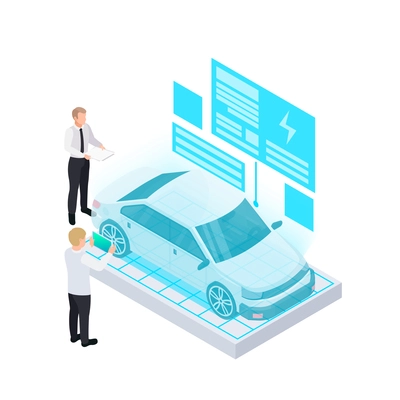 Electric vehicle production isometric composition with people looking at holographic projection of modern car with vector illustration